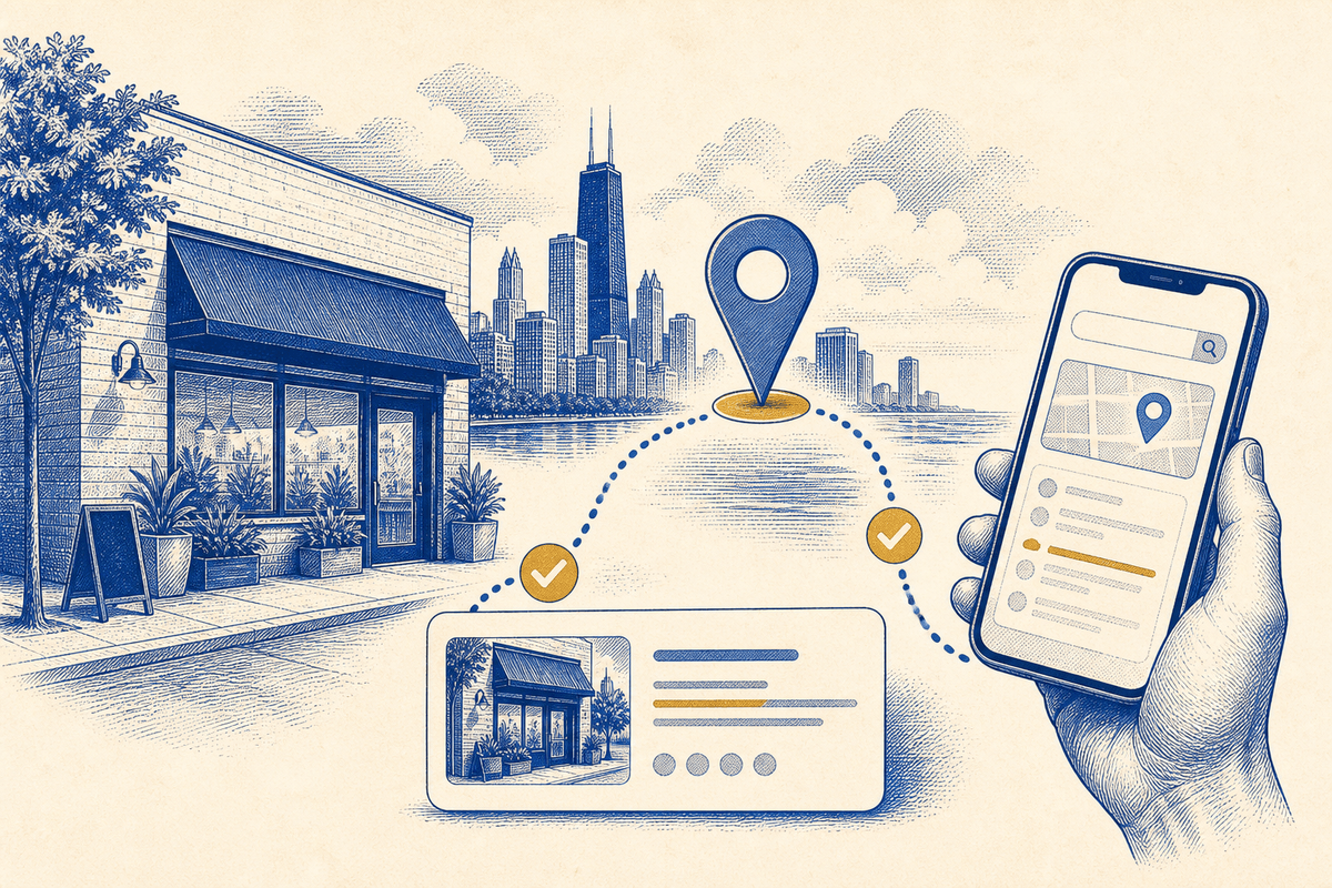 Cobalt editorial illustration of a Chicago storefront, map pin, phone, and search result connected as an audit path
