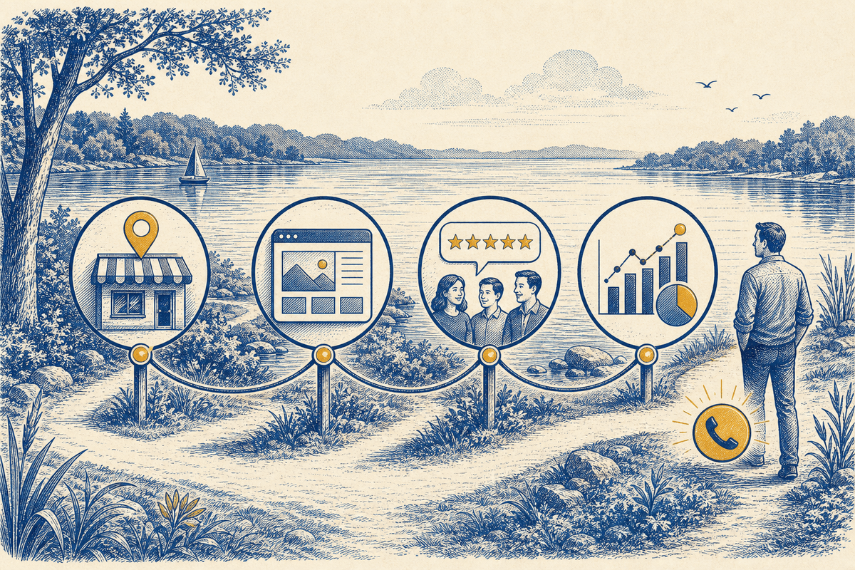 Cobalt editorial illustration of a four-stop local SEO route from profile and website to proof and measurement