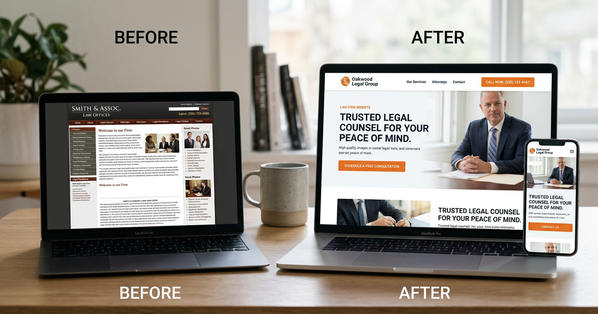 A side-by-side comparison showing a cluttered, outdated law firm website next to a clean, modern redesign with clear CTAs and a mobile-responsive layout