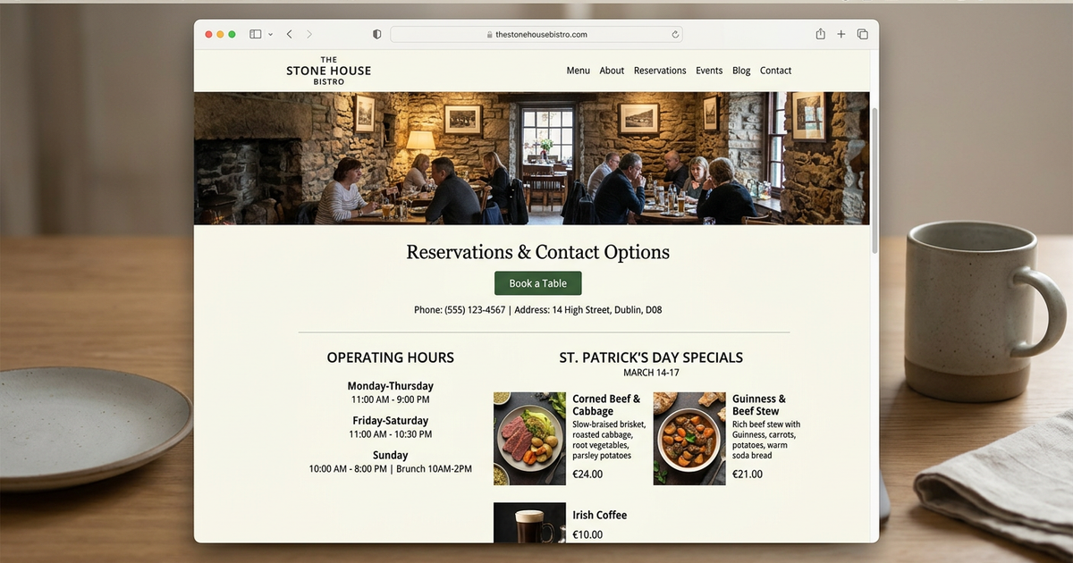 Screenshot of a well-optimized restaurant homepage with clear hours and St. Patrick's Day specials