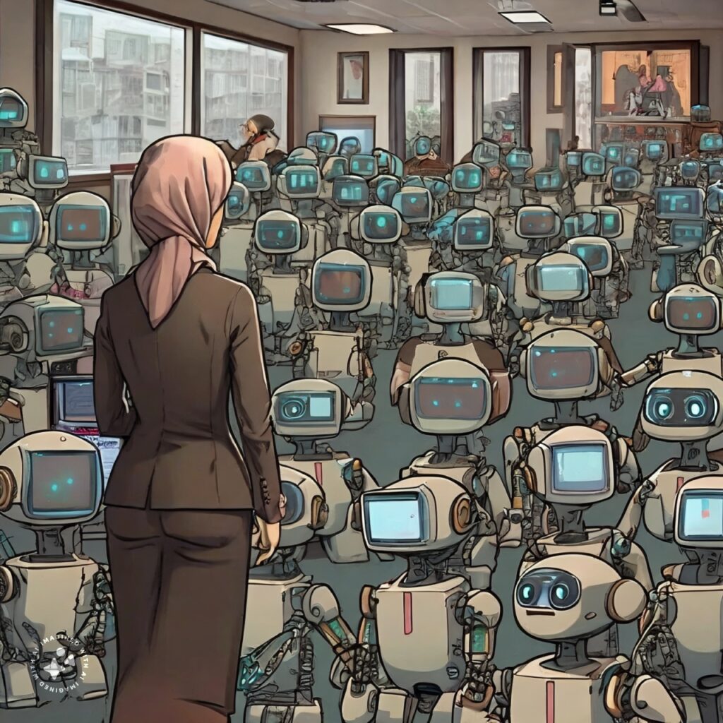 business owner watching over many AI robots workforce doing job for them cartoon