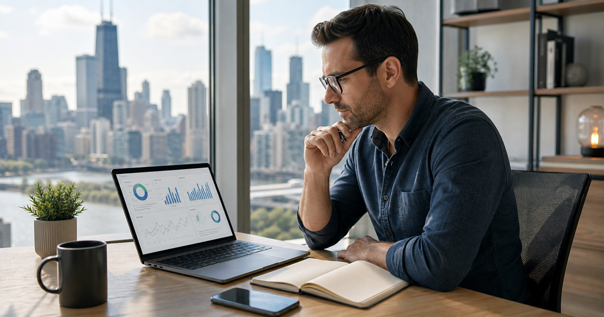 A Chicago small business owner reviewing a clean paid ads dashboard on a laptop in a modern office