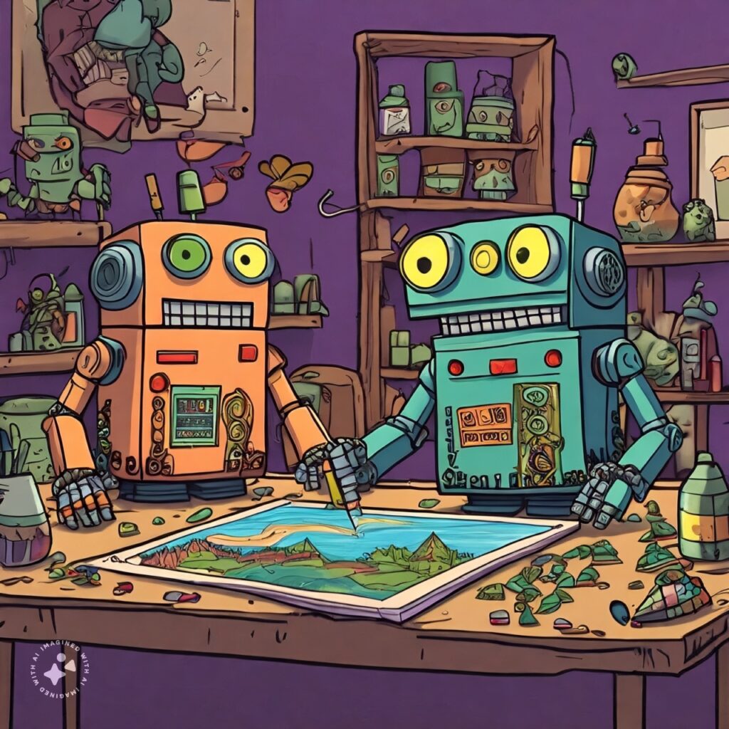 fancy robots making pictures cartoon