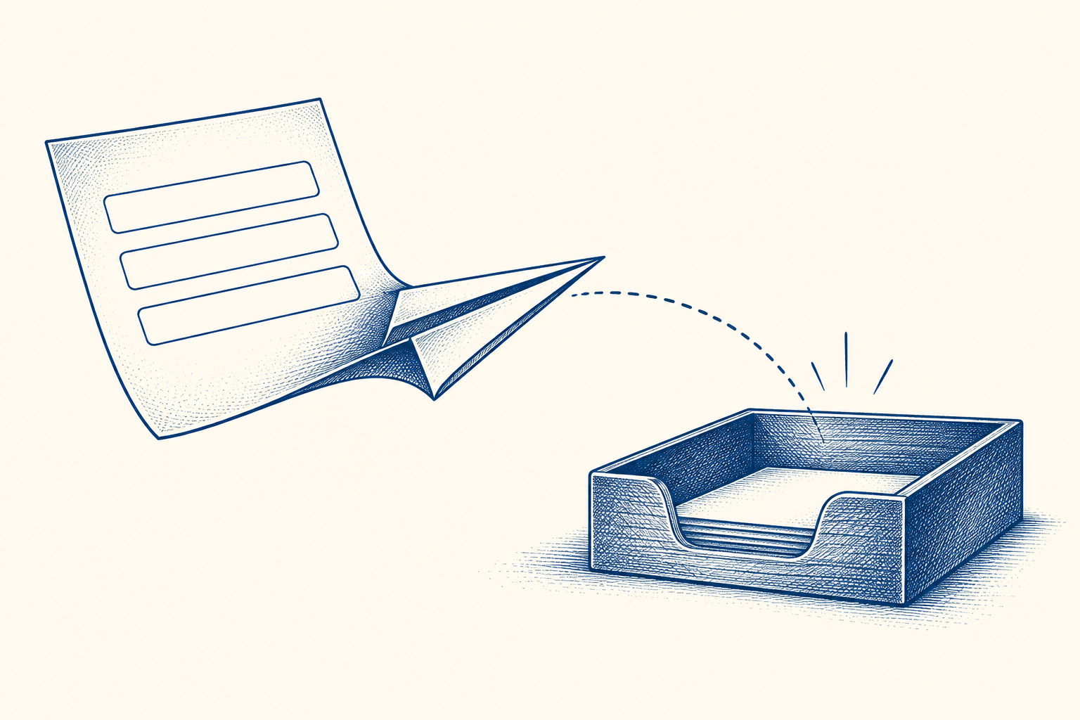 Cobalt pen illustration of a contact form becoming a paper airplane and reaching an inbox.