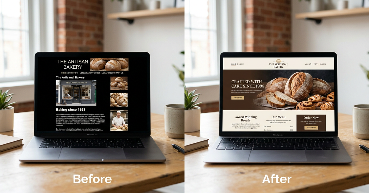Split-screen or before/after of a small business site before and after a redesign