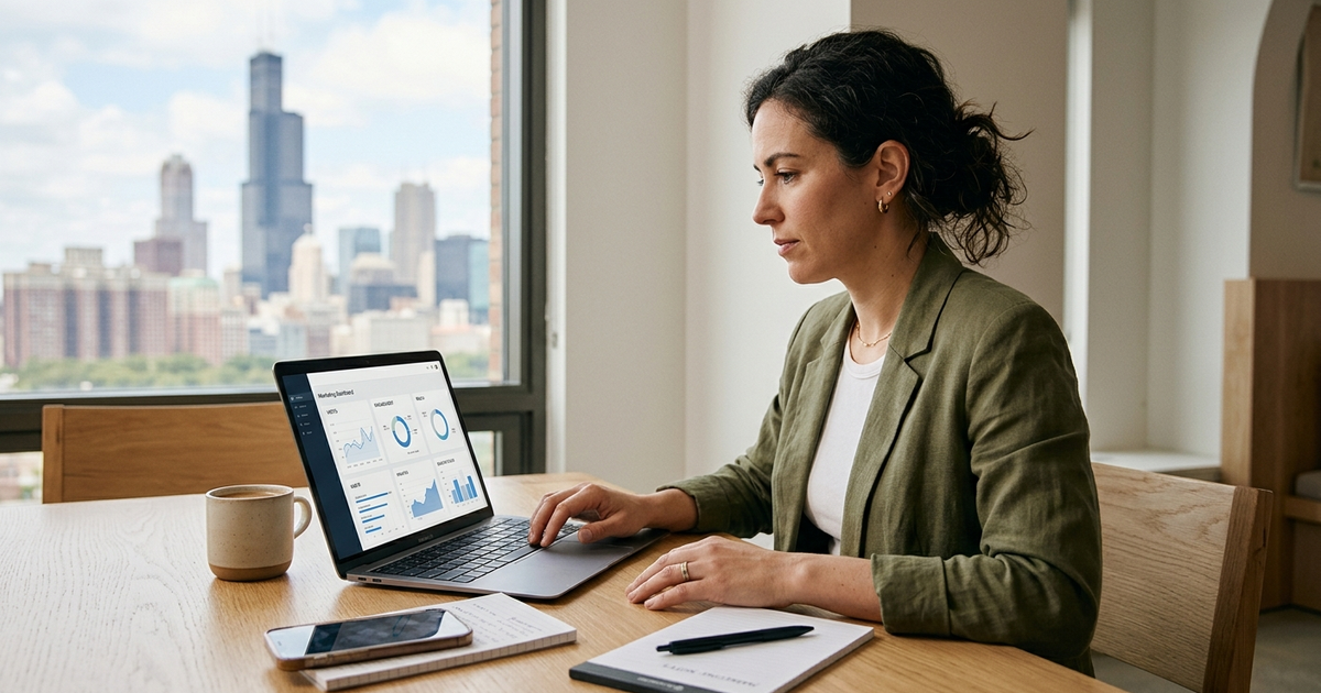 A Chicago small business owner and marketer reviewing a clean marketing dashboard on a laptop, with phone, notes, and subtle Chicago skyline in the background, no text, no logos