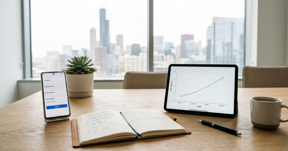 A simple desk setup with a phone showing a lead form, a notebook with campaign notes, and a tablet showing a clean line chart, Chicago office light, no text, no logos