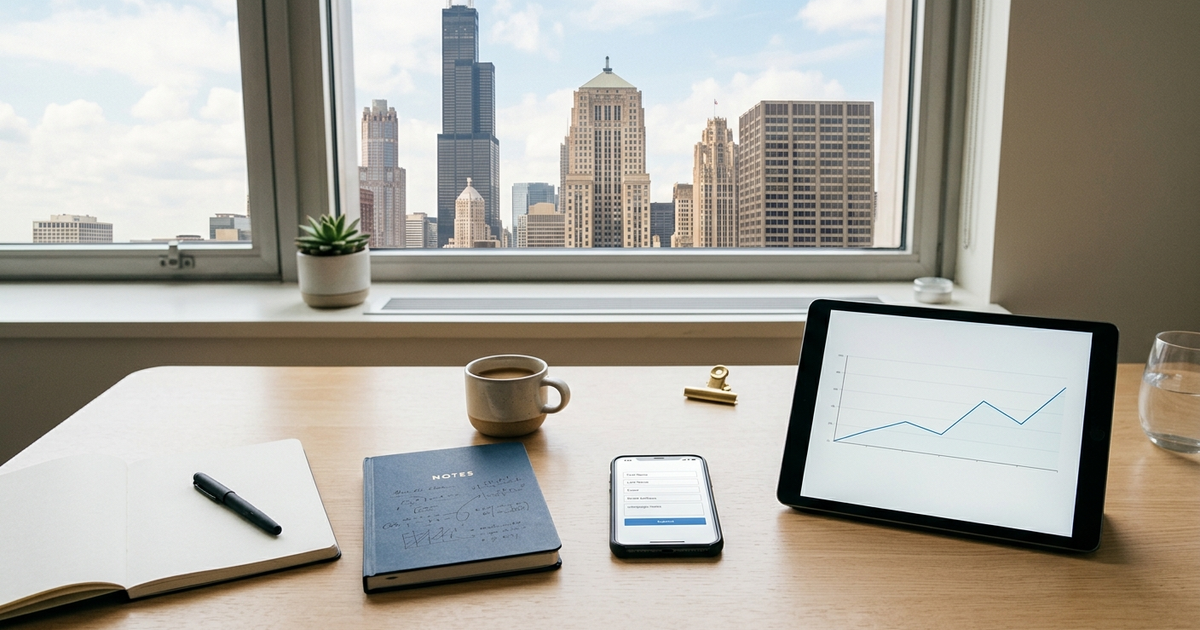 A clean desk scene with campaign notes, a phone showing a lead form, a simple analytics graph on a tablet, and Chicago architectural details nearby, no text, no logos